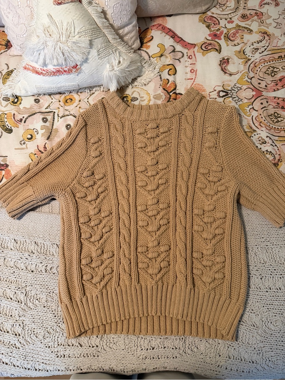 Zara Camel Cable-Knit Short Sleeve Sweater